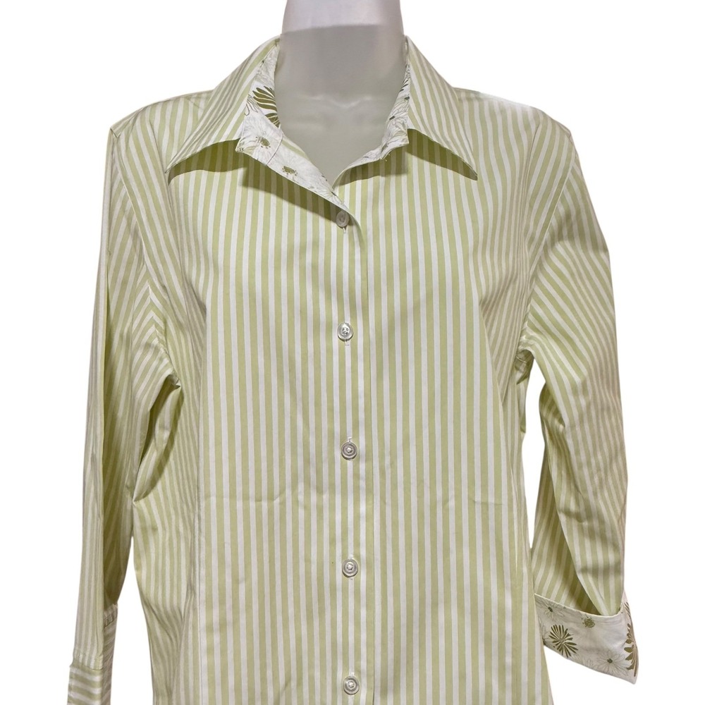 Talbots Womens 16 Lime Green White Striped Wrinkle Resistant Stretch Shirt